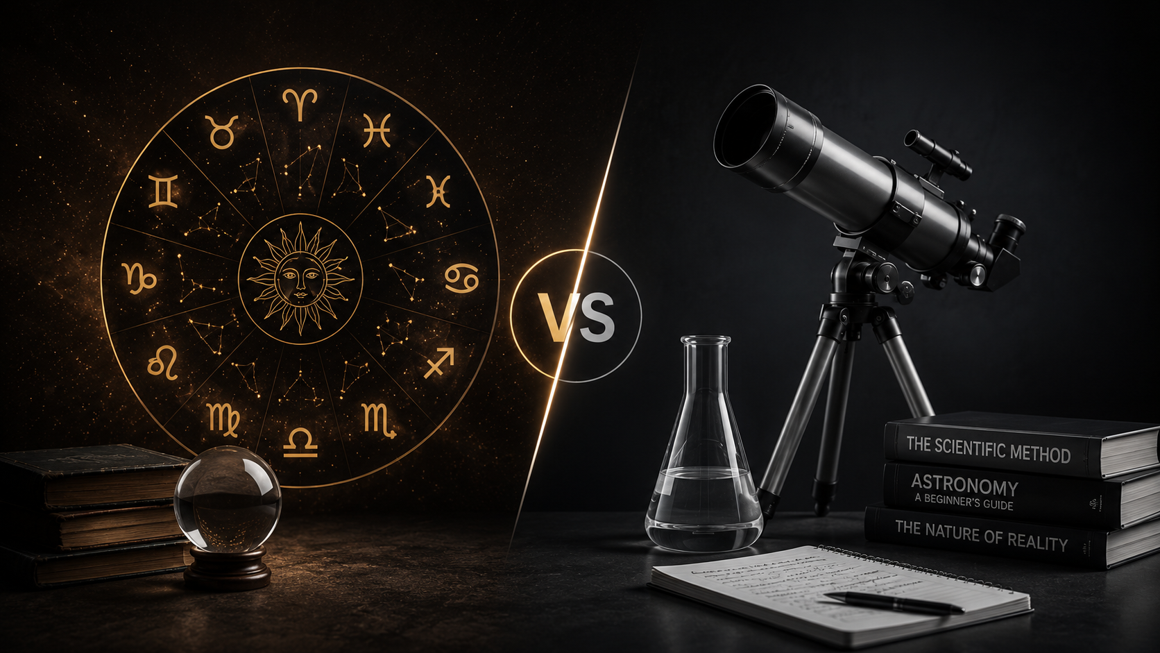 Astrology zodiac wheel compared with telescope, laboratory glassware, and science books
