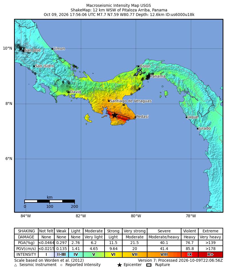 خريطة الاهتزاز الرسمية لهيئة USGS لتقدير الشدة في بنما والمناطق المجاورة، مع نجمة لمركز الزلزال قرب بيتالوزا أريبا